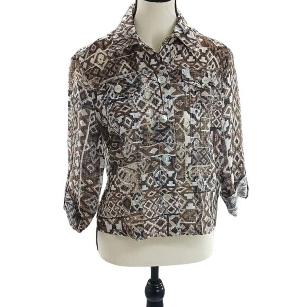 Ruby Rd. Blouse Geometric Linen Blend Semi Sheer Button Down Size 8 Petite